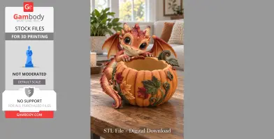 A cute baby dragon resting inside a decorated pumpkin-shaped bowl, suitable for 3D printing.