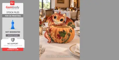 A cute baby dragon sitting inside a decorative pumpkin bowl with autumn leaves.