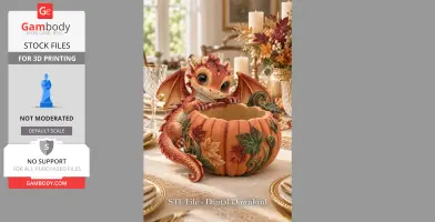 A cute baby dragon perched on an intricately designed pumpkin bowl adorned with autumn leaves.