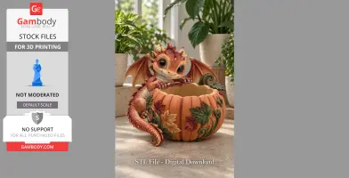 Cute autumn-themed dragon nestled in a pumpkin-shaped bowl adorned with leaves.