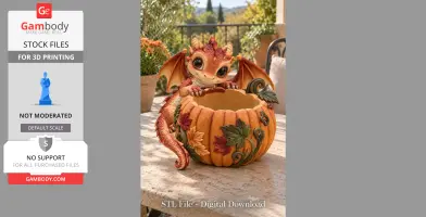 Cute baby dragon with wings sitting in a carved pumpkin bowl adorned with autumn leaves.