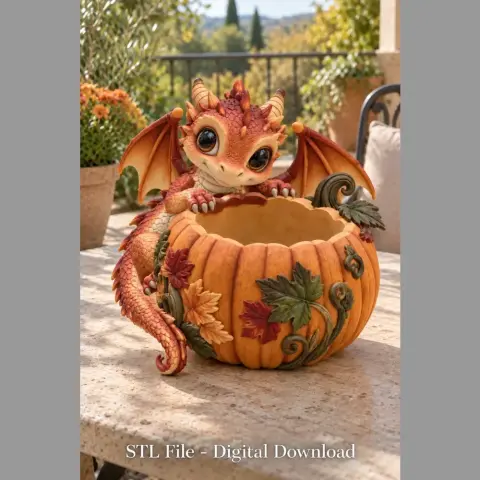 A cute baby dragon sitting in a pumpkin bowl decorated with autumn leaves.