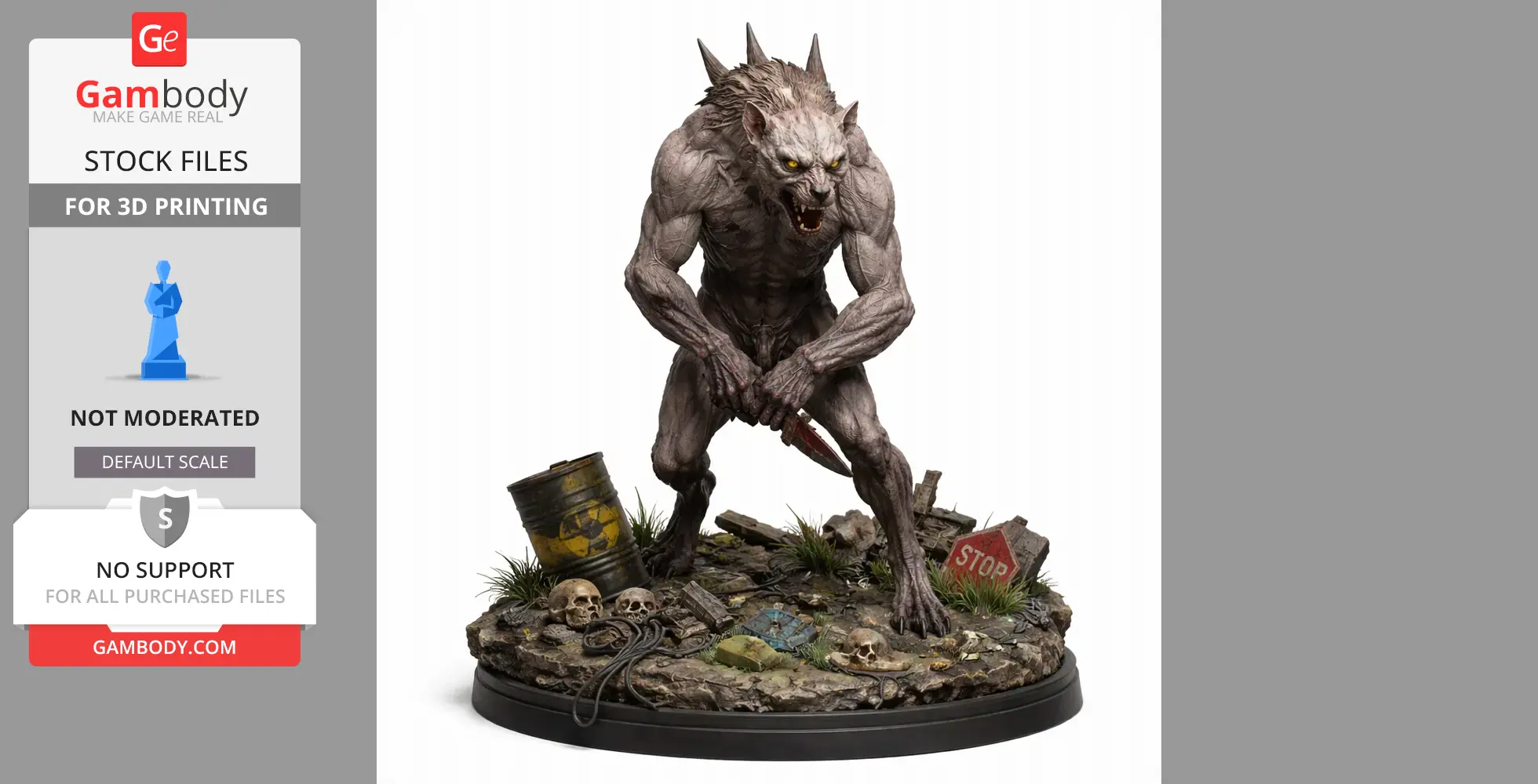 A fierce chimera creature with spikes stands menacingly on a detailed post-apocalyptic base.