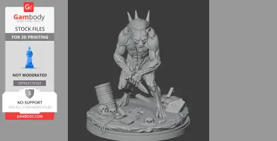 Muscular, horned creature poised on debris-filled base with skulls and barrels.