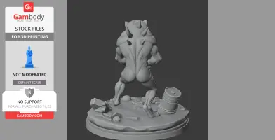 A muscular creature with spikes on its back stands on a textured base with debris and a barrel.