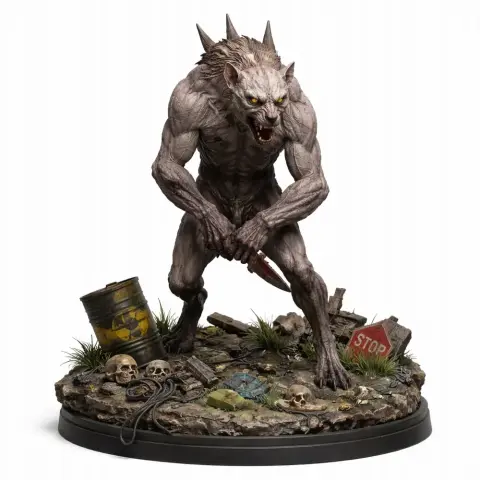 Ferocious creature with spikes and muscular build, surrounded by debris and skulls, stands menacingly on a base.