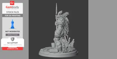 Armored warrior with crab-like features holding a spear, standing on a detailed base.