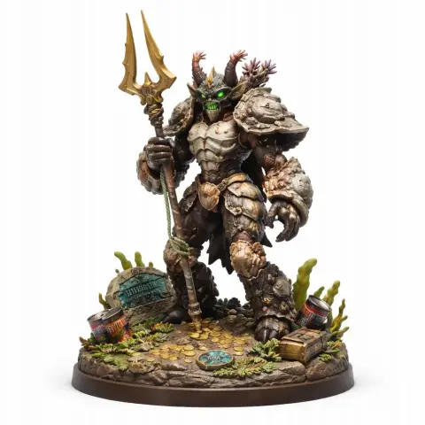 Armored crab-like creature with glowing eyes, holding a trident on a detailed base with treasure elements.