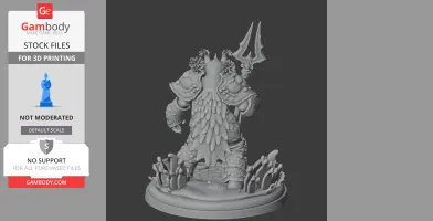 Armored crab-like figure with shell details, holding a trident, standing on a rocky base.