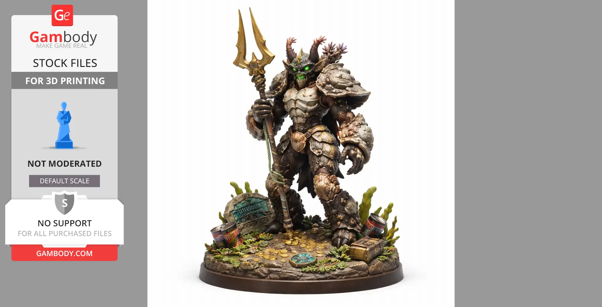 Armored crab-like character with a trident, standing on a decorated base with coins and cans.