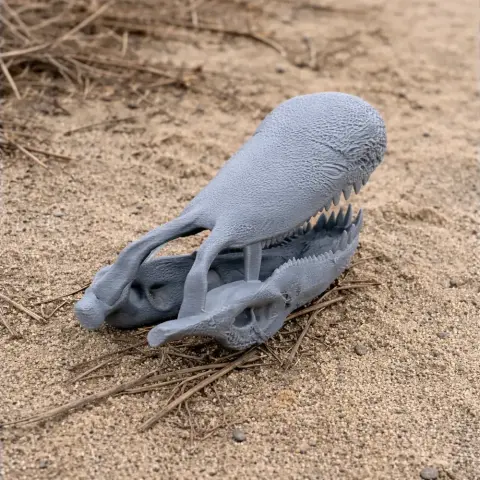 3D printed Purussaurus brasiliensis skull replica on sand surface.