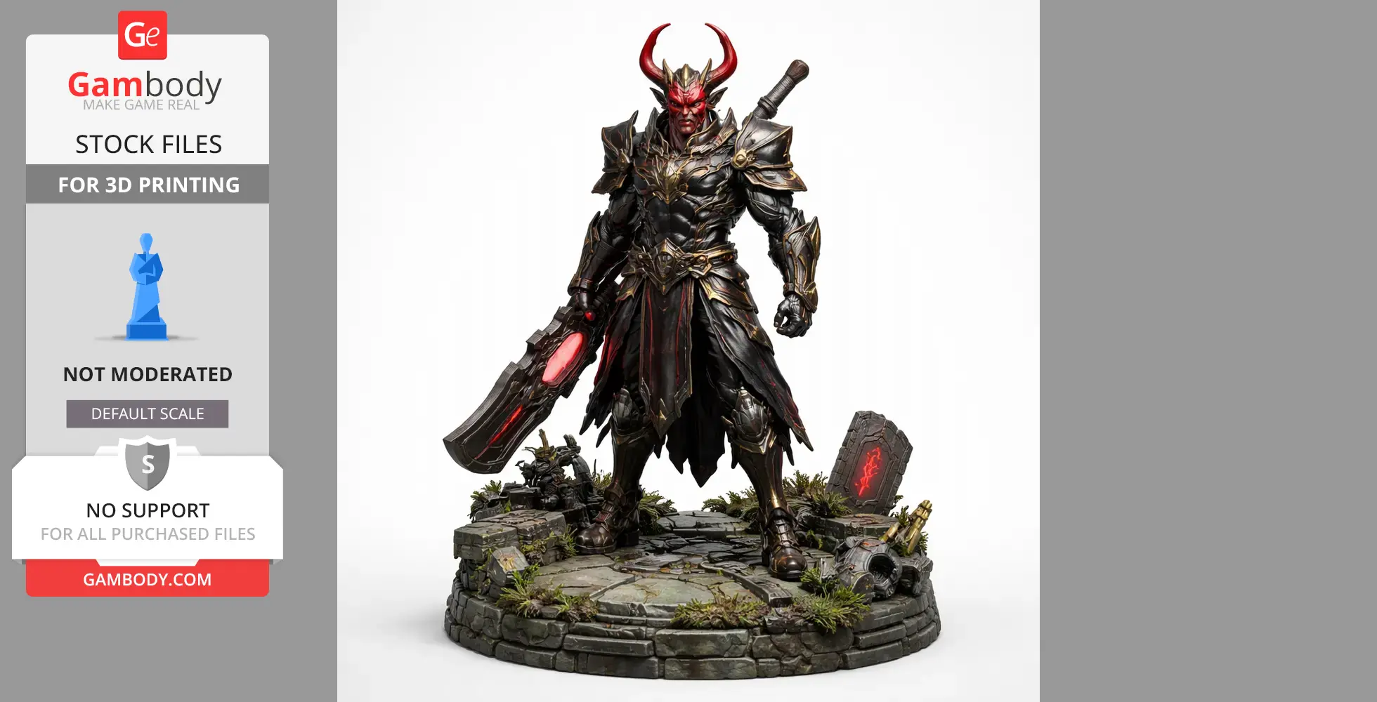 Armored warrior with red horns and glowing sword on a stone base, surrounded by rubble and plants.