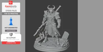 Armored warrior with horns, sword, and ornate armor on a detailed base with objects.