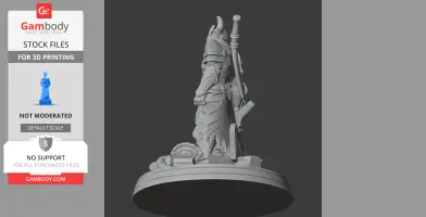 Armored warrior figure with weapons on a decorative base, designed for 3D printing.