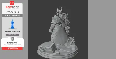 3D figure of a warrior in detailed armor with a large sword, standing on a decorated base with objects.