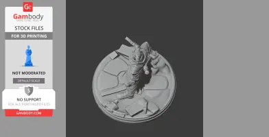 A detailed warrior figure in dynamic pose on a circular base, holding weapons and wearing armor.
