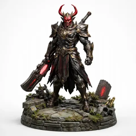 Armored warrior with red horns and sword on a stone base, detailed for 3D printing.