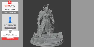 A detailed armored warrior figure with horns, standing on a decorative base with intricate elements.