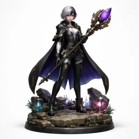 Female warrior with silver hair, wearing a cape, holding a staff with purple crystal, stands on a rocky base.
