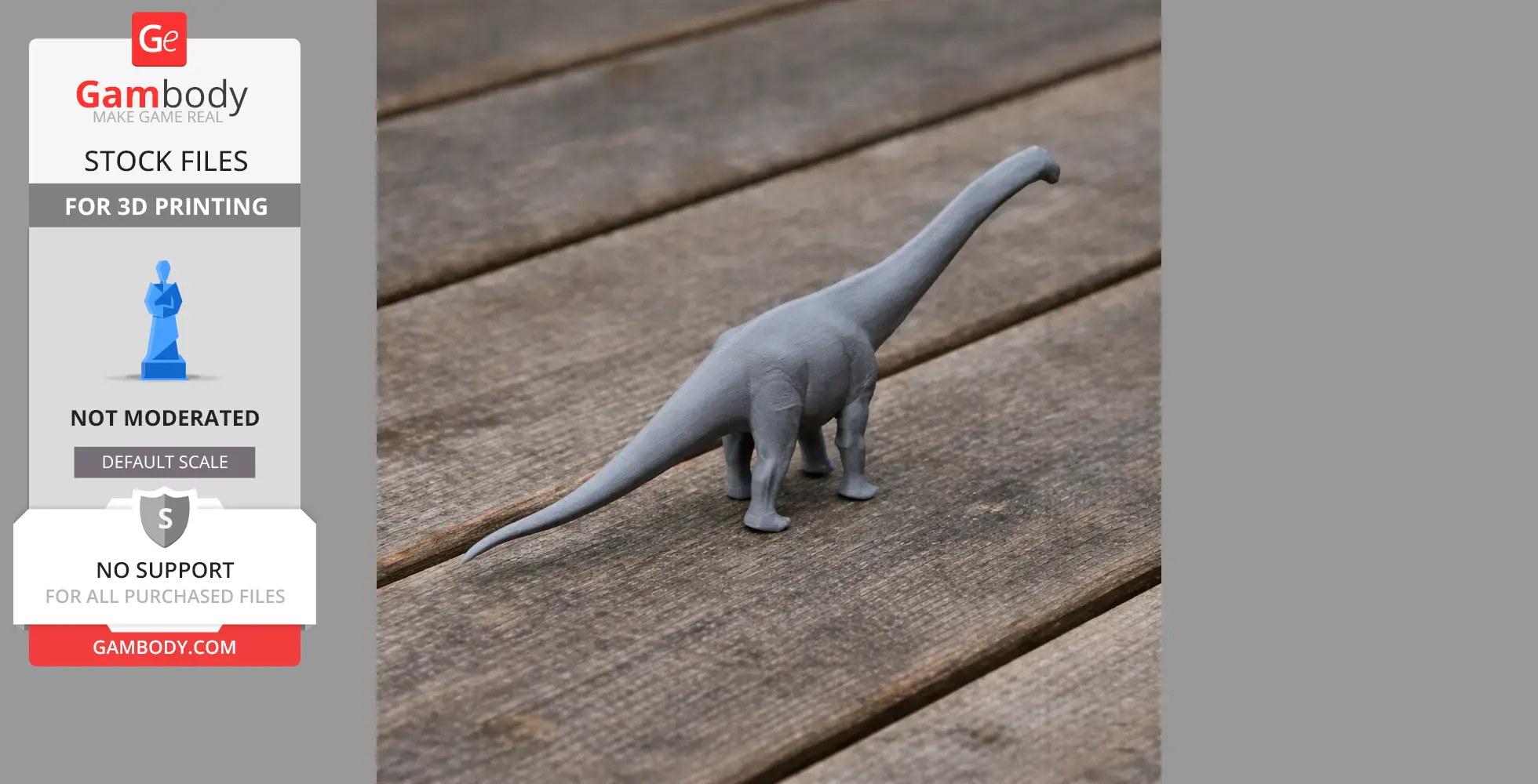 Gray 3D-printed model of an Atlantosaurus dinosaur on a wooden surface.