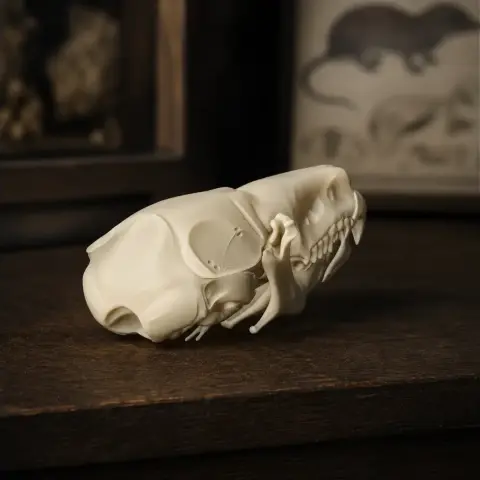 3D printed pygmy shrew skull replica on a wooden surface, detailed and realistic.