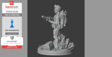 A detailed 3D diver figure with gear, holding a tool, standing on a base with underwater elements.