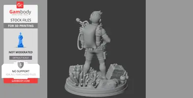 Diver character figure with gear, surrounded by coral and treasure chest on a base.