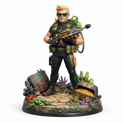 Character figure with tactical gear, holding a rifle, standing on a detailed base with treasure and plants.