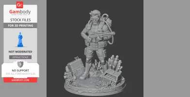 Diver character holding a spear gun, surrounded by sea treasure and coral, on a detailed ocean-themed base.