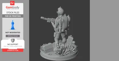 A diver figure with gear, holding a weapon, standing on a base with coral and treasure chests.