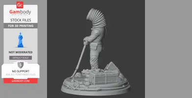 Character with a coiled head holding a staff, standing on a detailed base with equipment and debris.