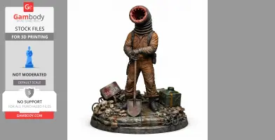A creature with a tube-like head and open maw stands on a base of skulls, holding a shovel, surrounded by debris.