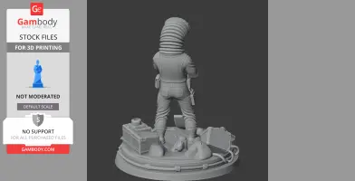 A 3D character figure with a coiled head stands on a detailed base with equipment and sacks.