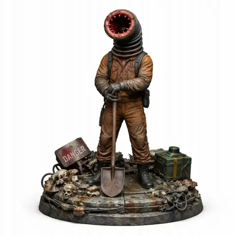 A humanoid figure with a coilhead stands on a detailed base, holding a shovel, surrounded by bones and gear.