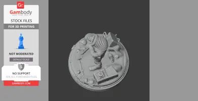 A detailed 3D model of a character in a sci-fi suit on a round base with various objects.