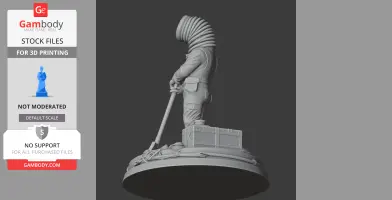 A figure with a coiled head holding a pole, standing on a base with crates and rope.