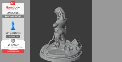A coiled-headed character holding a weapon, standing on a detailed base with various items and a creature.