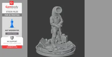 Figure of character with coiled head, holding a shovel, standing on a detailed base with debris.