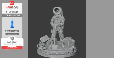 A humanoid figure with a coil-shaped head stands with a shovel, surrounded by equipment and skulls on a platform.