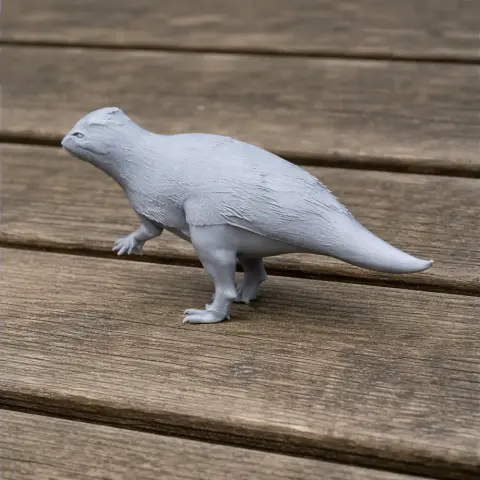 Gray 3D-printed model of Auroraceratops dinosaur on a wooden surface.