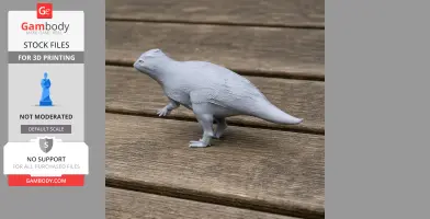 A 3D printed gray model of a prehistoric Auroraceratops dinosaur on a wooden surface.