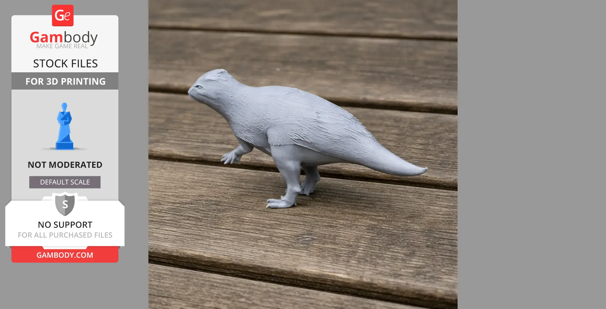 A 3D printed gray model of a prehistoric Auroraceratops dinosaur on a wooden surface.