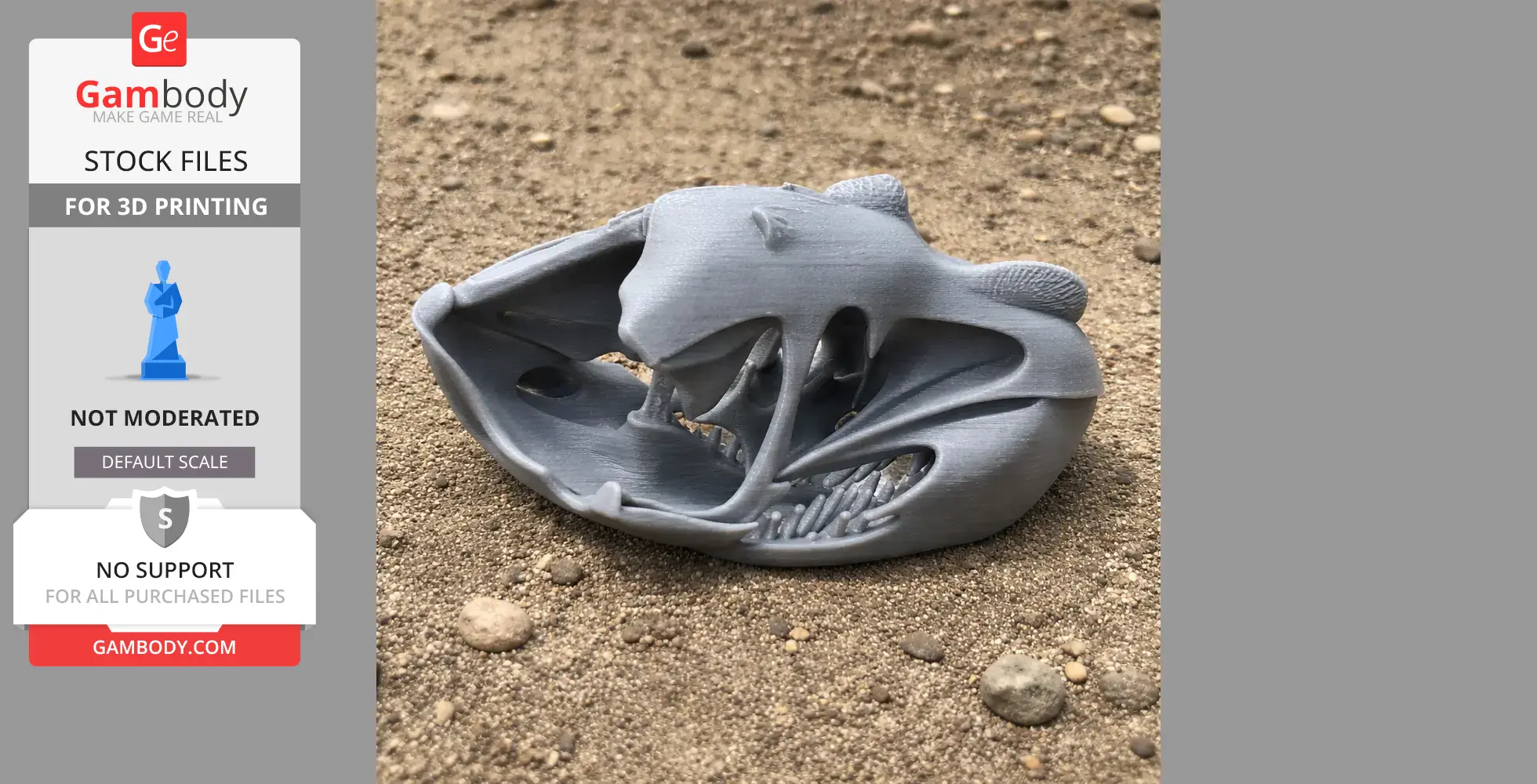 3D-printed Qinlingosaurus skull replica, gray plastic, resting on sandy ground.