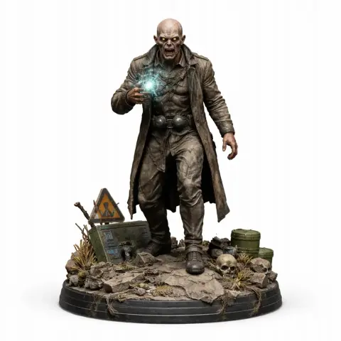 Bald, menacing character with glowing hand, trench coat, stands amid debris and skulls on circular base.