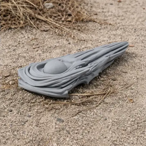 A detailed Quetzalcoatlus skull replica in gray, resting on textured ground.