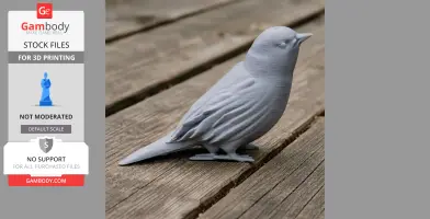 A 3D-printed model of a small bird with detailed feathers, standing on a wooden surface.