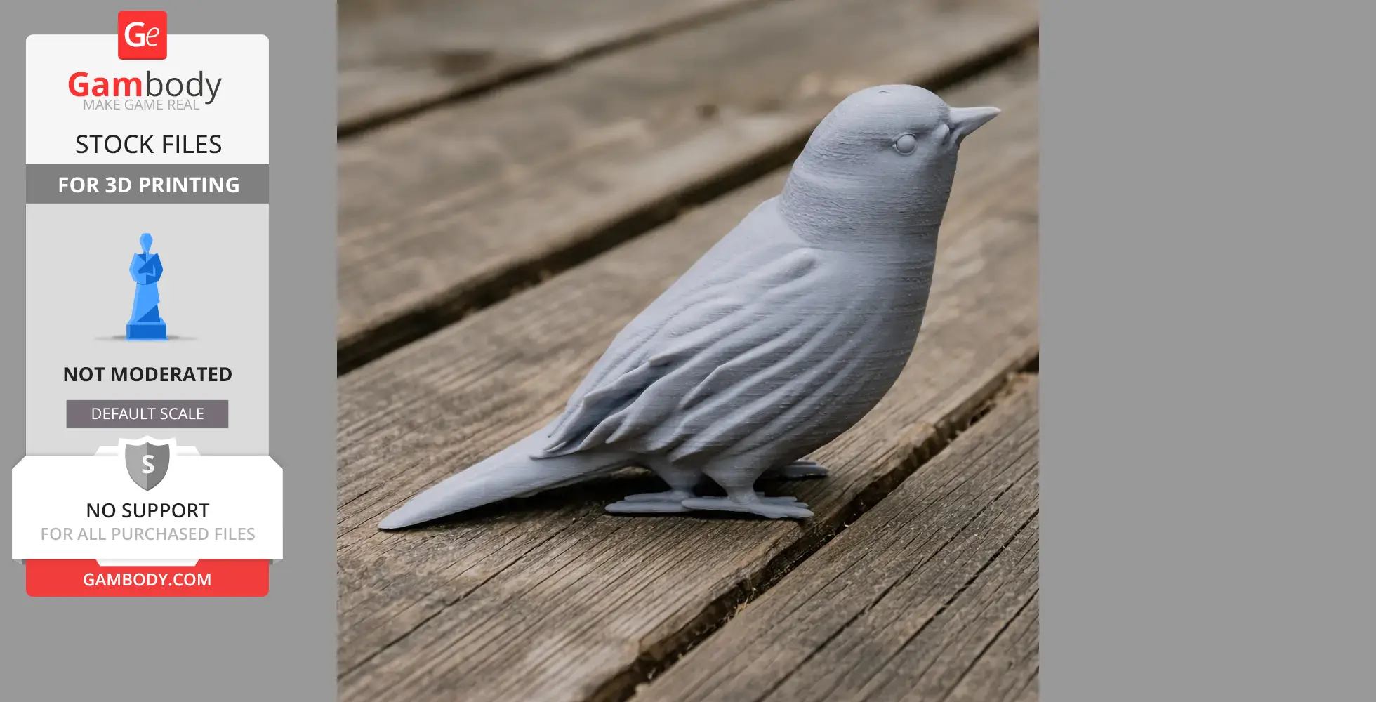 A 3D-printed model of a small bird with detailed feathers, standing on a wooden surface.