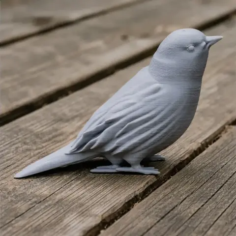 A 3D-printed model of a bird, resembling an austral canastero, placed on a wooden surface.