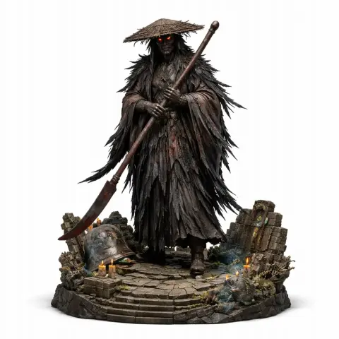 A menacing, robed figure with a straw hat and glowing eyes, holding a large weapon, stands on a detailed base.
