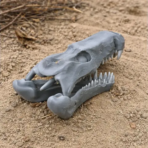 3D-printed Quinkana skull replica with sharp teeth, resting on sandy ground.